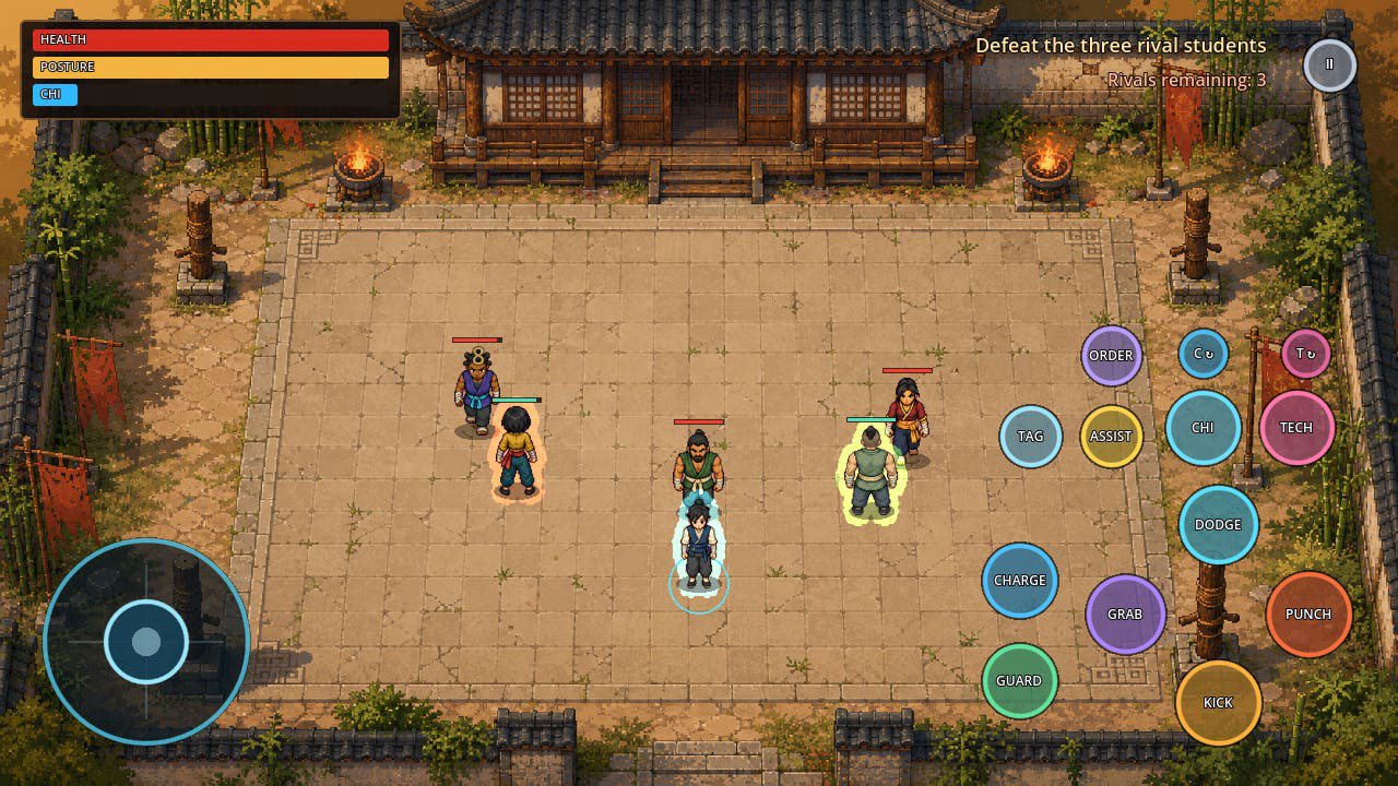 Dojo Legacy mobile combat with touch controls as three rival students face down toward the player team